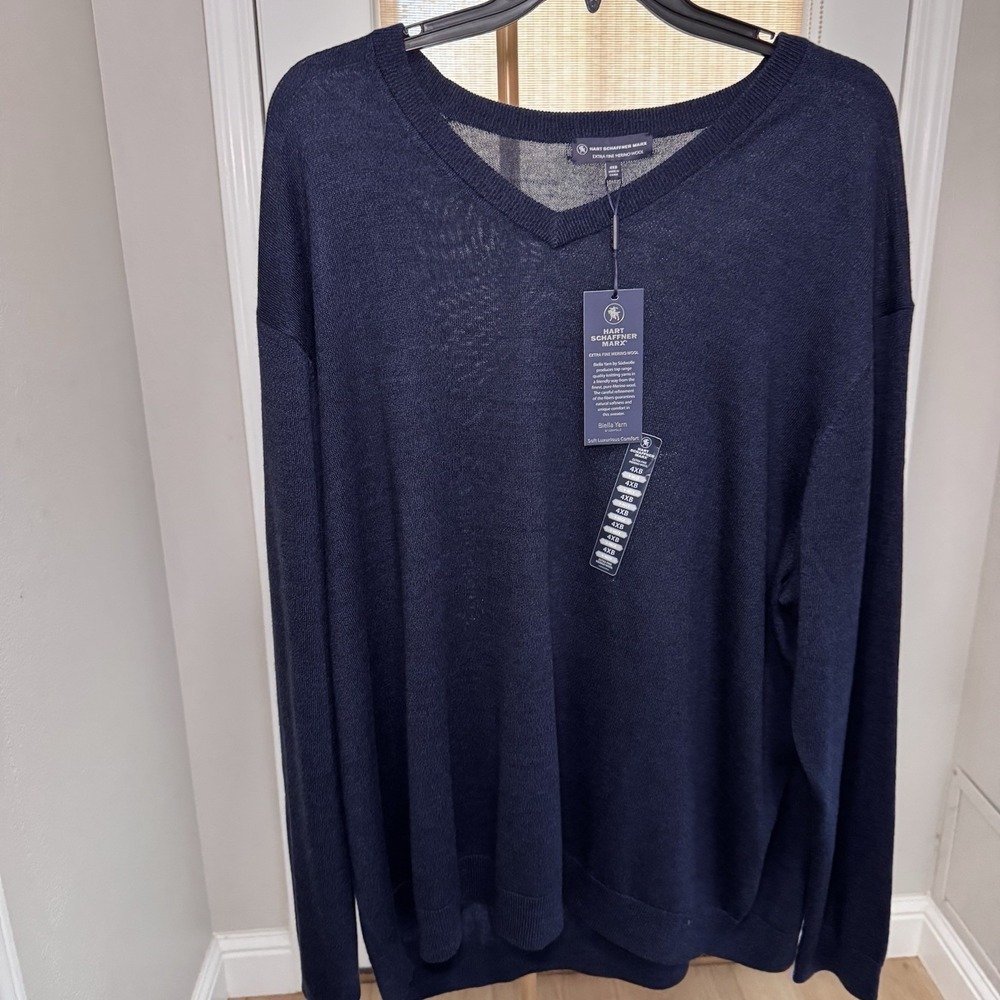 Hart Schaffner Marx Extra‎ Fine Merino Wool V-Neck Sweater Men's 4XB  Blue